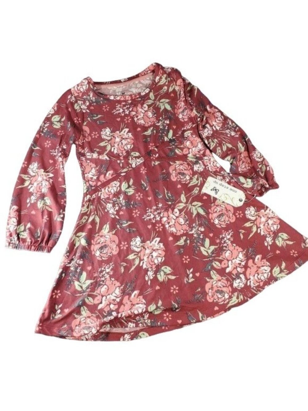 One Step Up Floral Dress Girls Knit Long Sleeve Round Collar Knee A Line Dress